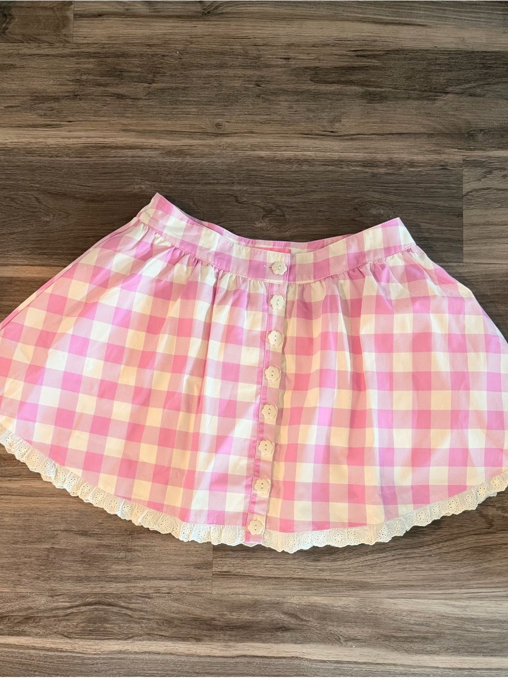 Sugar Thrillz Pink and White Gingham Circle Skirt with Lace Trim